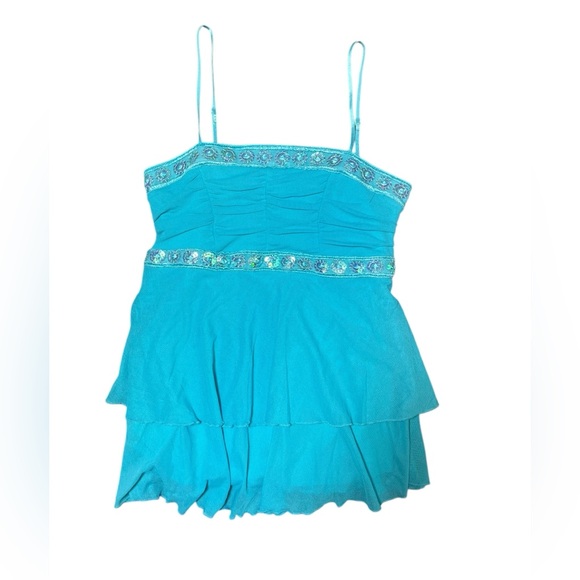 Blue Y2K Sequin Chiffon Cami Babydoll Top Medium - Picture 2 of 6